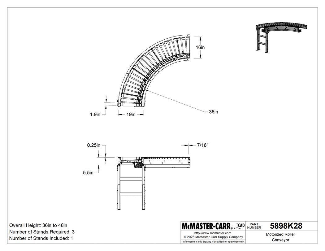 Technical Drawing of Motorized Roller Conveyor, Extension, 90 Degree Curve, 19" Overall Width.